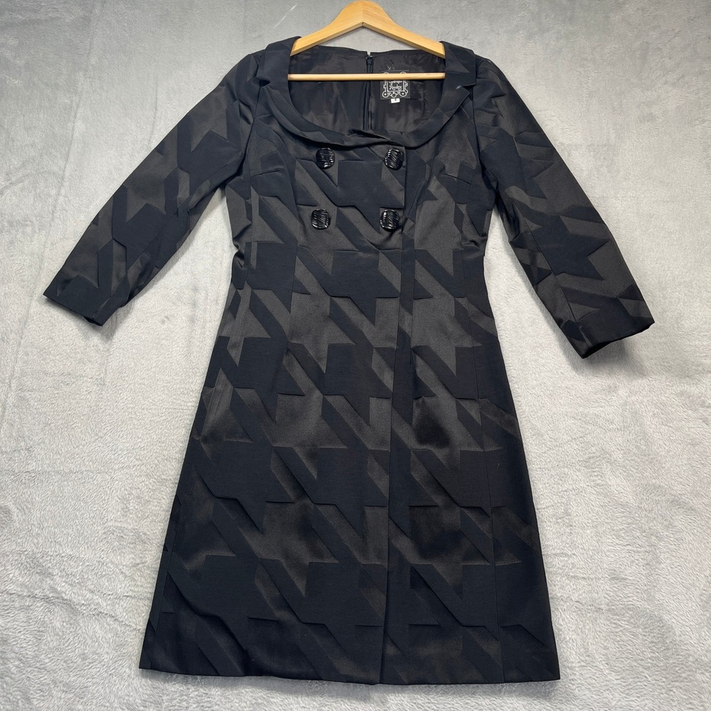 VTG 90s Cynthia Rowley Sheath Dress Women Black Houndstooth Jacquard Portrait 4
